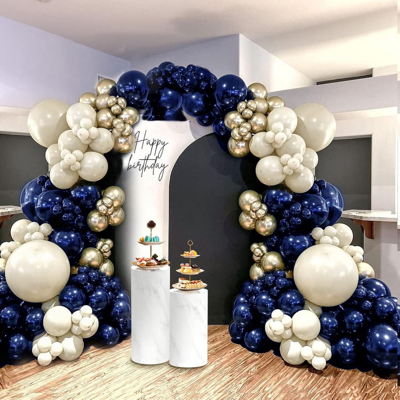 Navy Blue Balloon Garland Double Stuffed Pearl White Royal Blue Balloon Night Blue Gold Balloon arch Kit for Birthday Party Baby Shower Wedding Halloween Bridal Shower Decoration